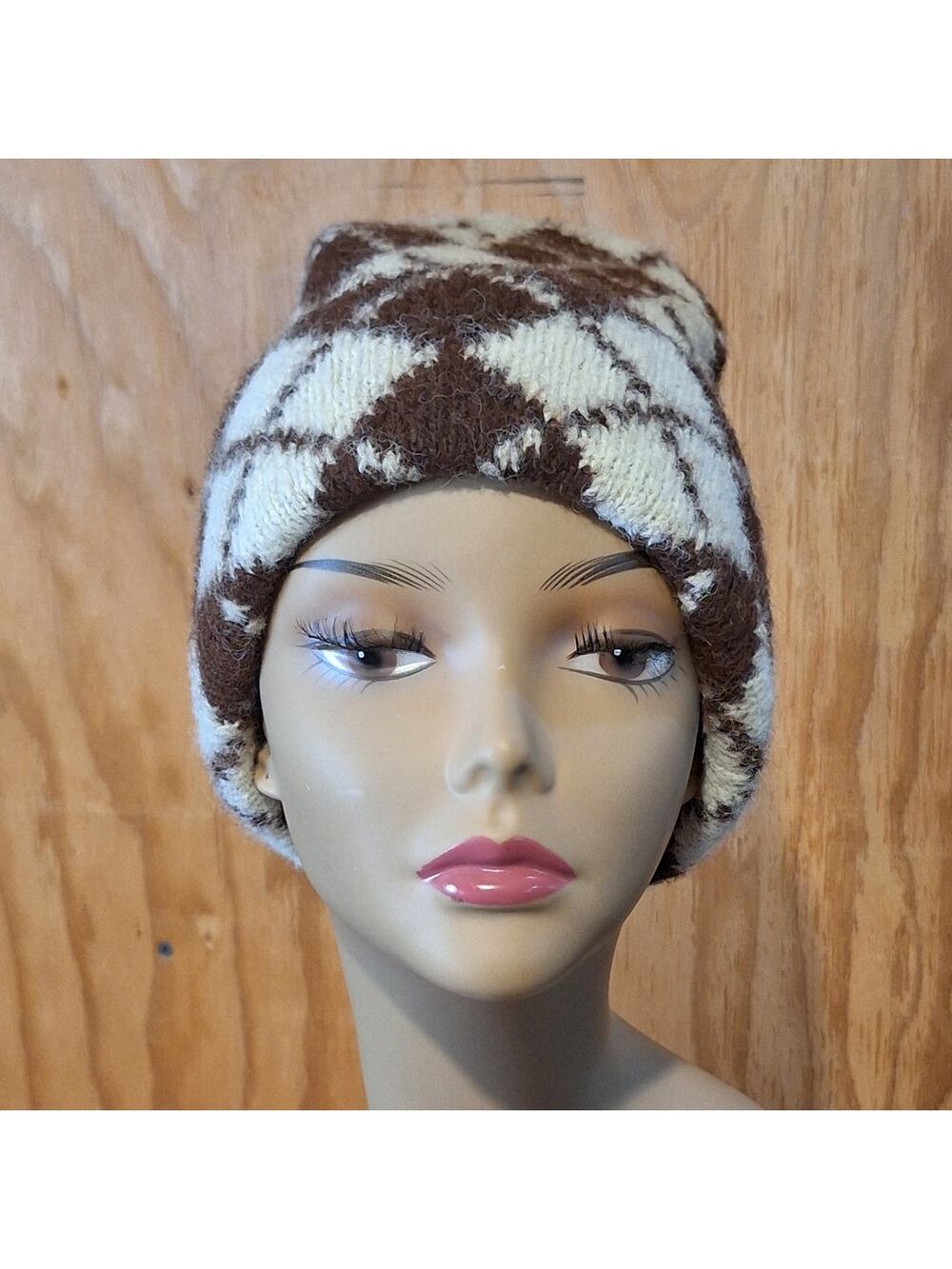 NWT Daily Practice by Anthropologie Beanie Women's OS Brown Cream Argyle Retro